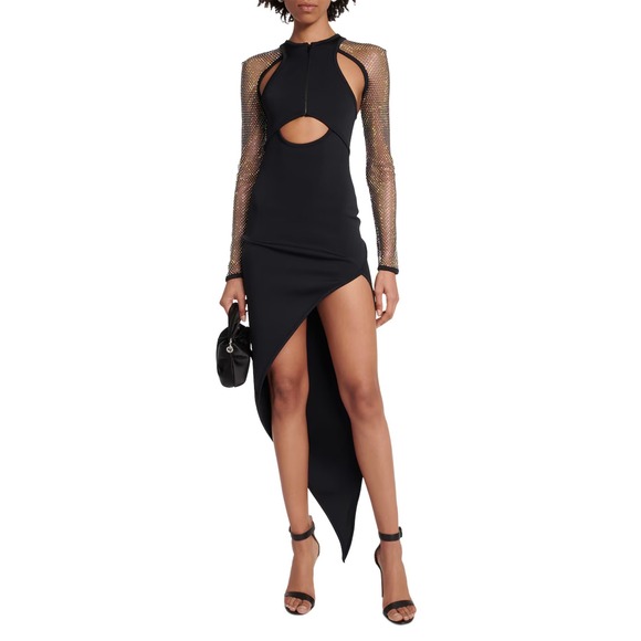 $2100 BNWT David Koma Black Crystal Mesh Cutout Dress – Size UK 10/US 6